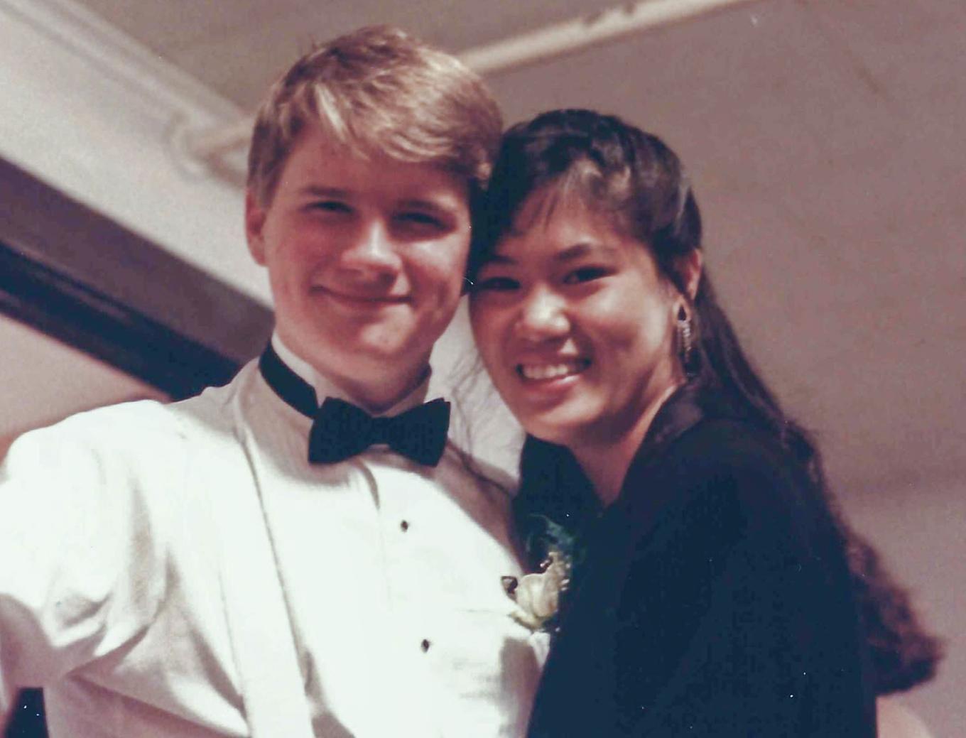 Angela Cheng-Cimini '92 and her husband, Michael, A&S '92 prior to a fraternity formal in 1992.