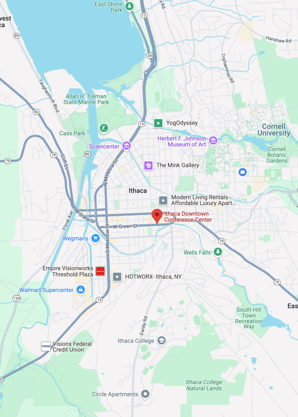 Screenshot of Google map with a pin on Ithaca's Downtown Conference Center